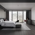 Modern Hotel Guest Room With Bed Sofa Coffee Table Open Layout Gray Tones Marble Accents