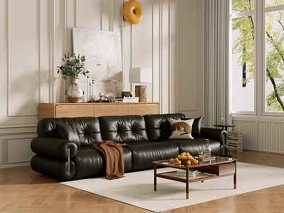 Modern Black Leather Sofa and Wooden Coffee Table Set with Pillow Blanket in Bright Room 3d model