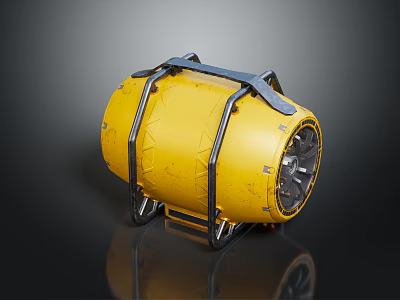 Yellow Textured Cylindrical Industrial Equipment With Metal Frame And Wheels 3d model