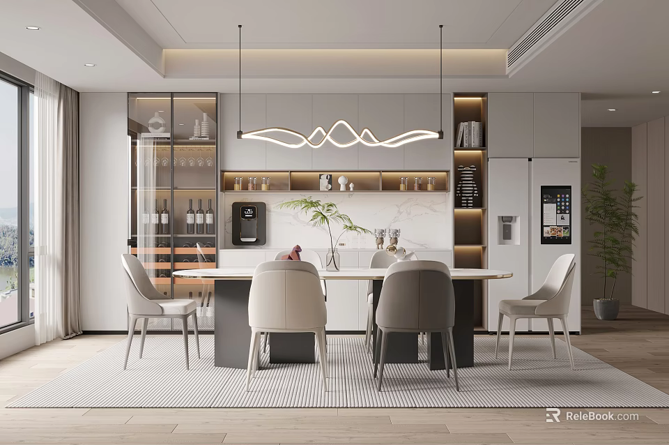 Modern Restaurant Interior With Dining Table Chairs Hanging Pendant Lights And Glass Wine Cabinet 3d model 