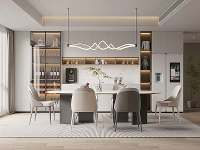 Modern Restaurant Interior With Dining Table Chairs Hanging Pendant Lights And Glass Wine Cabinet 3d model