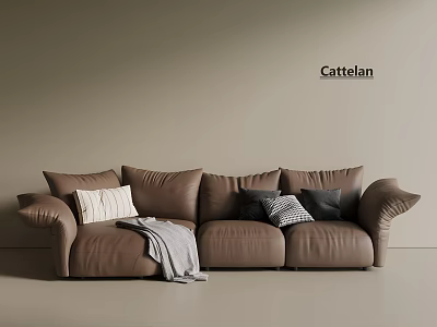 Cattelan Modern Brown Leather Multi Seater Sofa With Pillows And Blanket 3d model