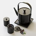 Modern Black Tea Set with Teapot Lidded Containers and Fresh Blackberries on Tray