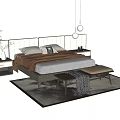 Modern Double Bed with Minimalist Headboard Soft Bedding Nightstands Lamp Vase and Bench