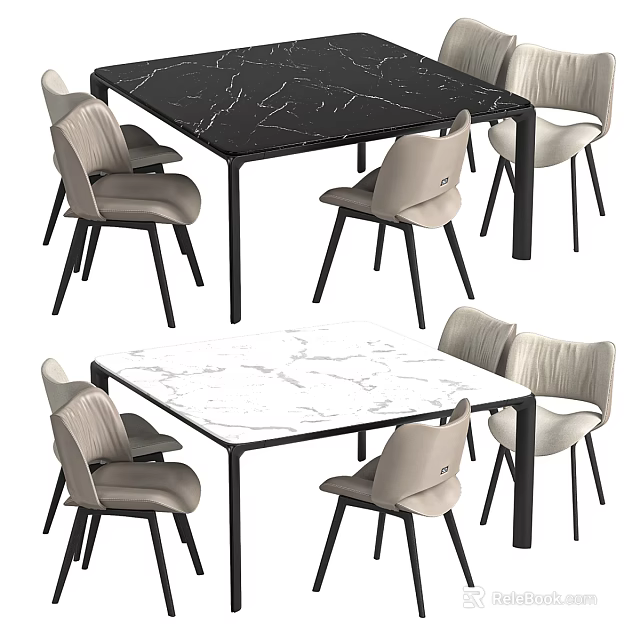 Elegant Modern Dining Table Set With White Black Marble Top And Light Gray Chairs 3d model