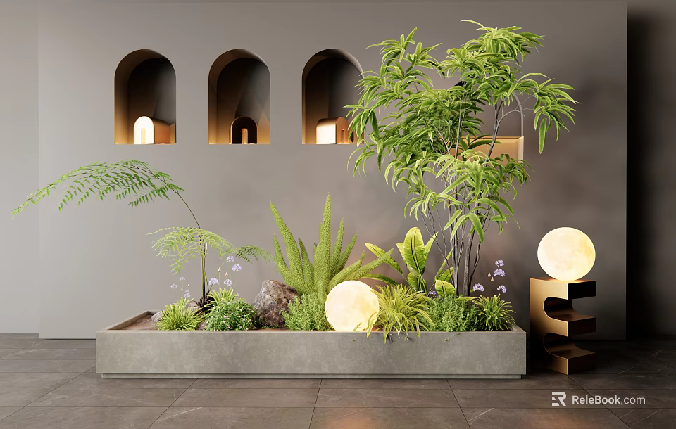 Stylish Indoor Plant Combination With Concrete Planter Ferns Arched Niches And Spherical Lights 3d model 