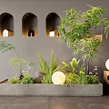 Stylish Indoor Plant Combination With Concrete Planter Ferns Arched Niches And Spherical Lights
