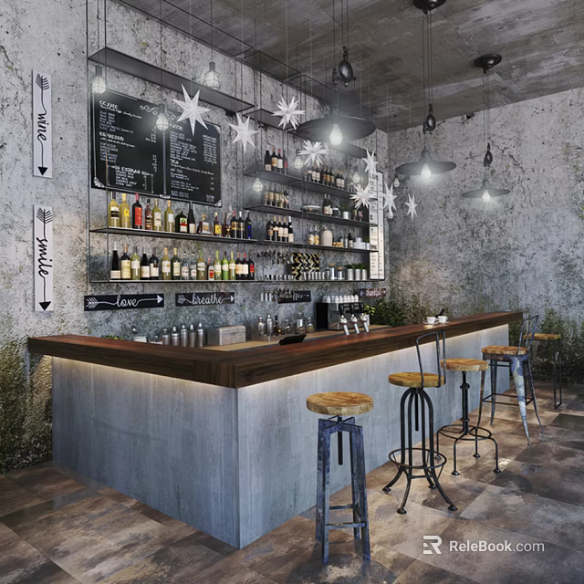 Rustic Bar Counter With Stone Wall Blackboard Menu Wine Bottles Bar Stools And Star Decorations 3d model 