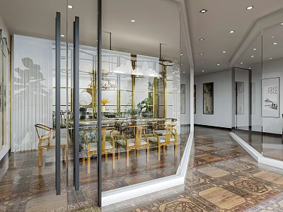 Elegant Restaurant Interior With Glass Partitions Wooden Tables Chandeliers And Patterned Flooring 3d model