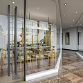 Elegant Restaurant Interior With Glass Partitions Wooden Tables Chandeliers And Patterned Flooring