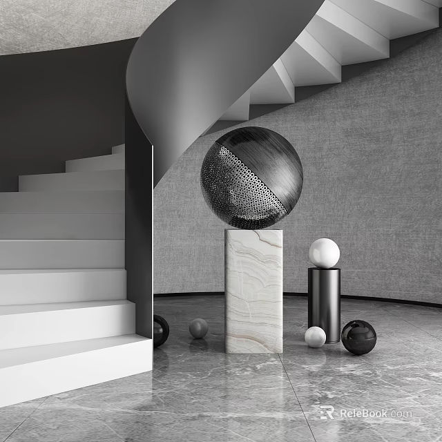 Modern Large Black Spherical Sculpture On Marble Pedestal With Black White Spheres And Gray Wall 3d model 