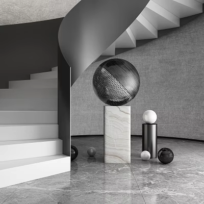 Modern Large Black Spherical Sculpture On Marble Pedestal With Black White Spheres And Gray Wall 3d model
