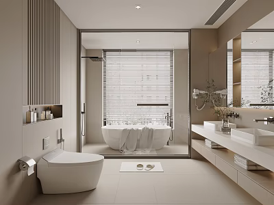 Modern Bathroom Interior Design With Bathtub Vanity Mirror And Light Color Tones 3d model