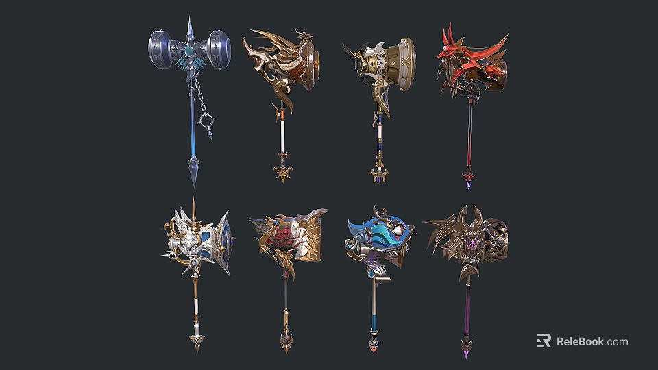 Fantasy Weapons with Ornate Designs Metallic Details and Decorative Elements in Various Styles 3d model 