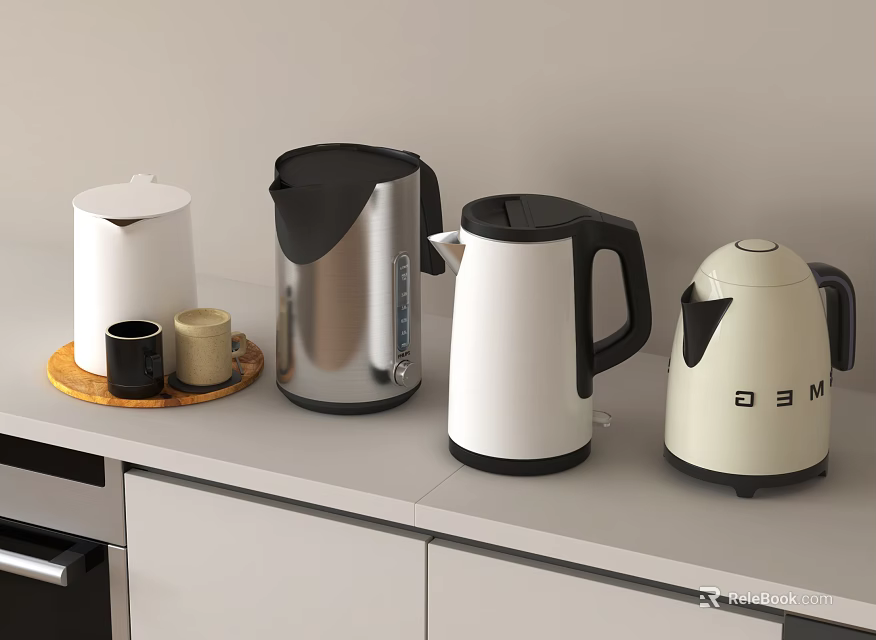 Household Appliances On Kitchen Countertop With Different Style Electric Kettles And Cups 3d model 