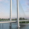 Grand Modern Suspension Bridge Spanning Wide River With Cruise Ships And Lush Riverside Landscape