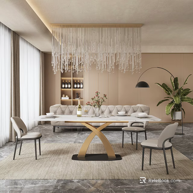 Elegant Modern Restaurant Interior With Crystal Chandelier Dining Table And Green Plants 3d model 