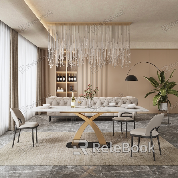 Italian Light Luxury Restaurant Full Scene Luxury Stone Dining Table and Chair Tableware Flower bouquet Luxury Lighting model