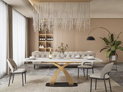 Elegant Modern Restaurant Interior With Crystal Chandelier Dining Table And Green Plants 3d model