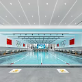 Spacious Indoor Swimming Pool Facility With Olympic Rings National Flags Seats And Lighting