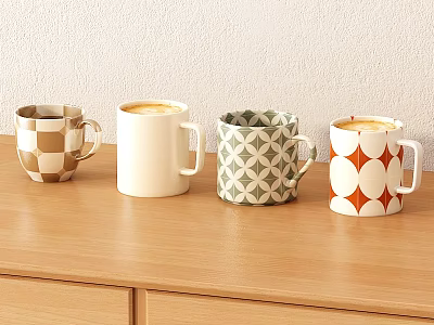 Coffee Mug Set of Four with Colorful Patterns on Wooden Kitchen Counter 3d model