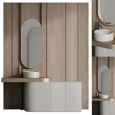 Modern Bathroom Cabinet With Oval Mirror Countertop Basin And Wooden Wall Storage 3d model