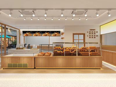 Bright Modern Bakery Shop Interior With Glass Display Cases Wooden Counter And Fresh Bread 3d model