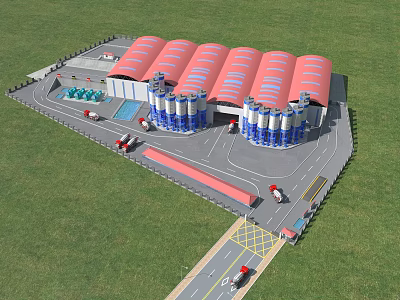 Industrial Factory Plant With Red Roofs Multiple Silos Vehicles On Roadway And Green Grass 3d model