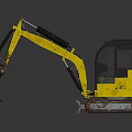 Yellow Compact Excavator On Reflective Surface With Tracked Undercarriage And Front Bucket 3d model