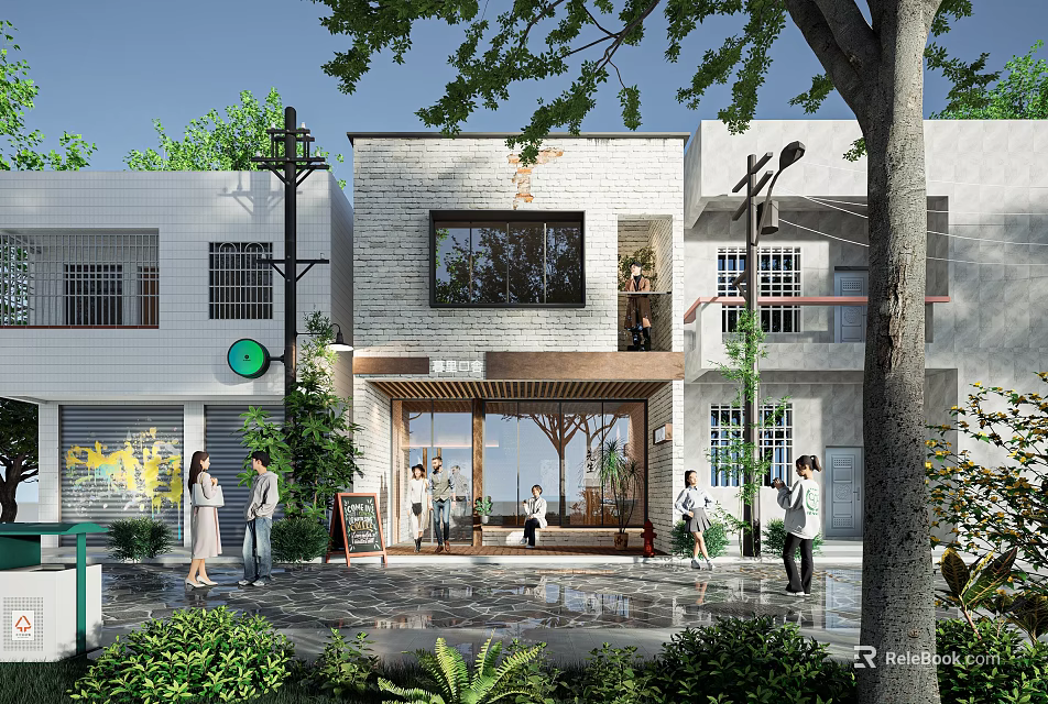 Modern Storefront With Brick Walls Wooden Awning Large Glass Windows Green Plants And Pedestrians 3d model 