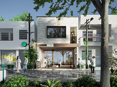 Modern Storefront With Brick Walls Wooden Awning Large Glass Windows Green Plants And Pedestrians 3d model