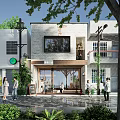 Modern Storefront With Brick Walls Wooden Awning Large Glass Windows Green Plants And Pedestrians