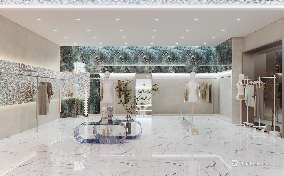 Modern Clothing Store Interior With Marble Floor Mannequins And Clothes On Racks 3d model 