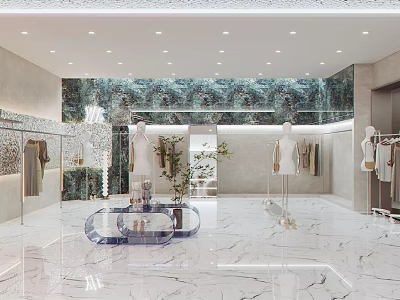 Modern Clothing Store Interior With Marble Floor Mannequins And Clothes On Racks 3d model