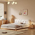 Modern Bedroom White Double Bed with Wooden Nightstand Table Lamp Decorative Art and Rug Blinds