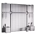 Elegant Modern Bedroom Accent Wall With Vertical Wooden Panels Golden Metal Lines And Nightstands