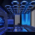 Modern KTV Interior With Blue Lighting Ceiling Circular Lights And Vertical Strips 3d model