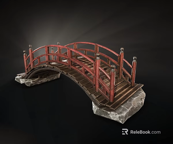 Traditional Ancient Architecture Arched Bridge With Red Railings And Stone Piers 3d model 
