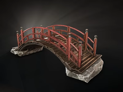 Traditional Ancient Architecture Arched Bridge With Red Railings And Stone Piers 3d model