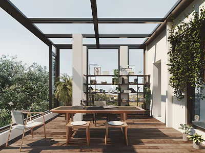 Elegant Villa Balcony With Glass Roof Wooden Flooring And Green Plants 3d model