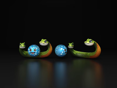 Cartoon Style Green Reptile Snake With Orange Belly And Blue Balls With White Spots 3d model