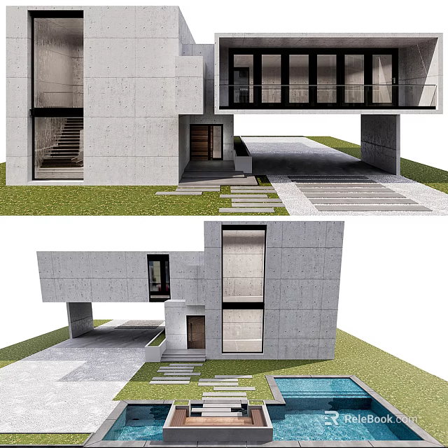 Modern Concrete Detached Villa With Courtyard Swimming Pool And Large Windows 3d model 
