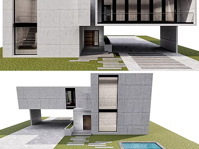 Modern Concrete Detached Villa With Courtyard Swimming Pool And Large Windows 3d model