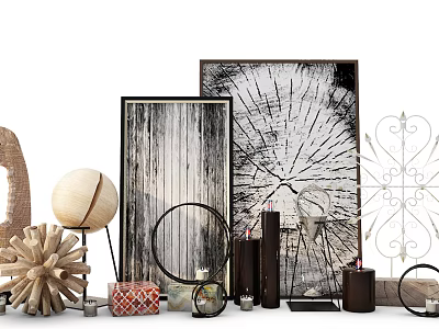 Stylish Decorative Ornament Set With Framed Artwork Spherical Ornament Circular Decor Candles And Metal Stands 3d model