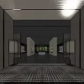 Contemporary Exhibition Hall Interior Featuring Symmetrical Pillars Display Cabinets Central Platform And Scenic Window View