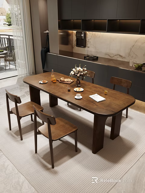 Wooden Dining Table Set With Four Chairs And Tabletop Decor In Modern Interior 3d model 