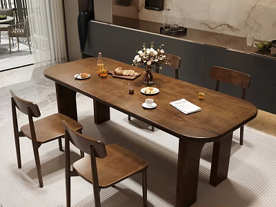 Wooden Dining Table Set With Four Chairs And Tabletop Decor In Modern Interior 3d model