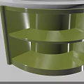 Circular Multi Tiered Display Shelf With White Surface And Green Supports For Product