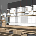 Modern Restaurant Interior With Wooden Counter Display Shelves Wall Decor And Checkered Floor