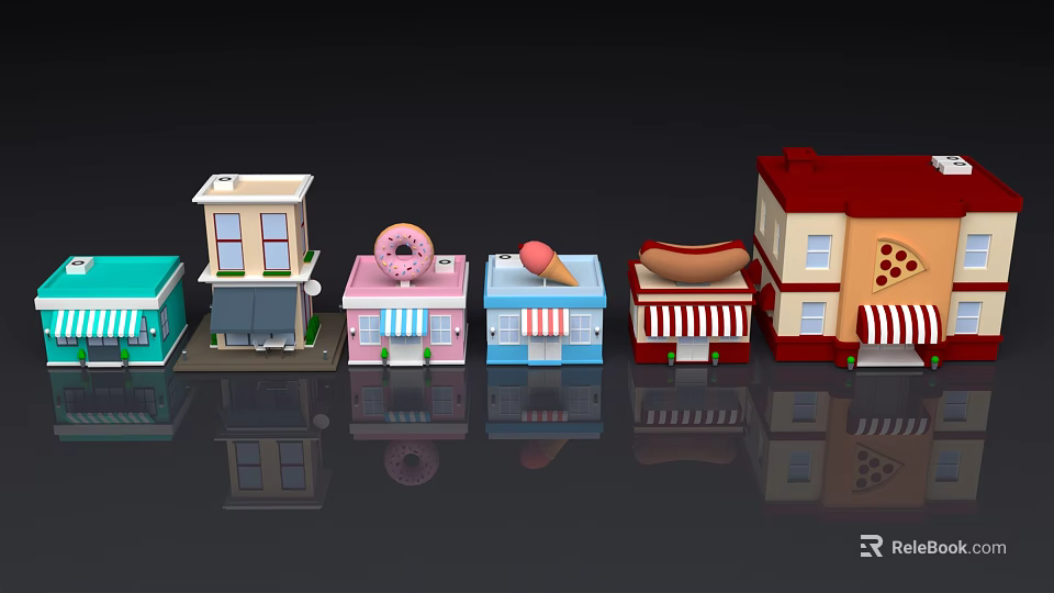 Cartoon Scenes Featuring Colorful Donut Ice Cream Hotdog Pizza Shop Storefront Models 3d model 